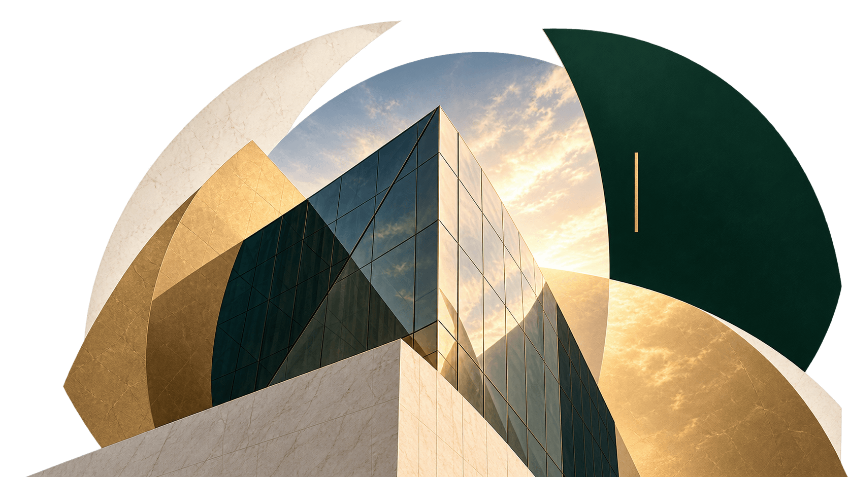 Abstract architectural forms rising into a brighter sky