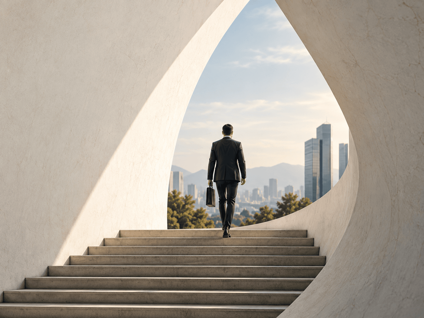 A professional walking up a staircase toward a city skyline